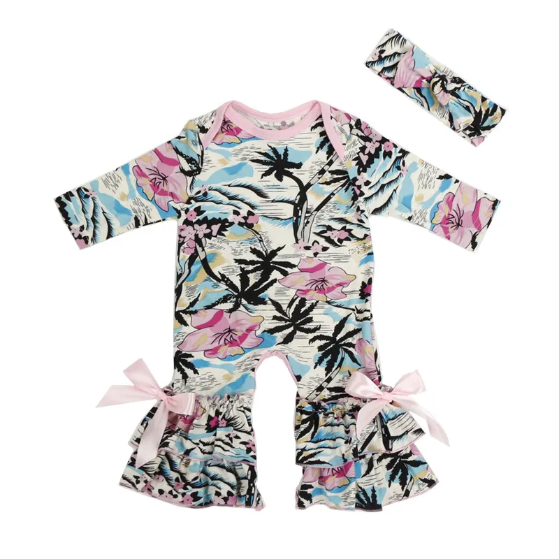 Baby Bowtie Rompers Long Sleeves Baby Boy Girl Clothes Floral Prints Ruffle Jumpsuits Hairband Set Spring New Year Dress Pajama