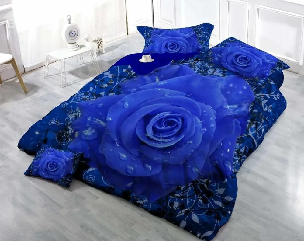 3D Romantic Blue Rose Luxury Cotton 3 Piece Bedding Sets/Duvet Cover in Bedding Sets from Home