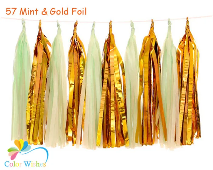 57 Mint and Gold Foil Tissue Paper Tassel Garland Kit