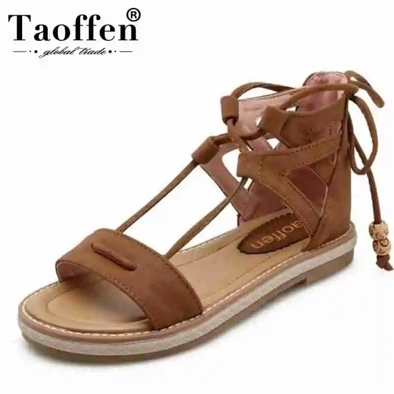 

TAOFFEN Size 34-43 Ladies Flats Sandals Lace Up String Beads Open Toe Women Shoes Simple Fashion Sandals Vacation Beach Footwear