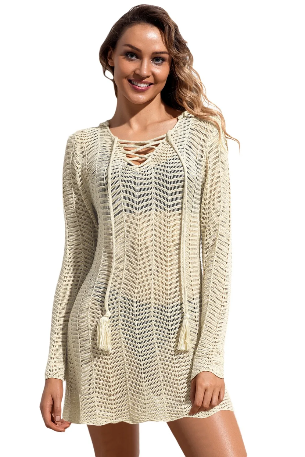 Long Sleeves Beach Dresses Black Lace up Hoodie Cover up Dress