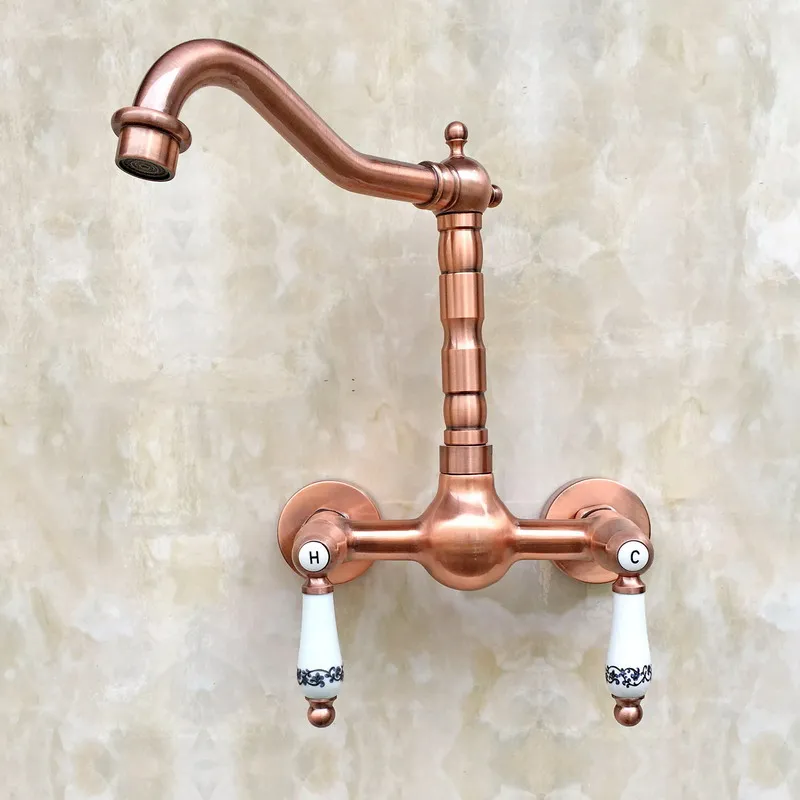 Antique Red Copper Two Ceramics handles Wall Mounted Kitchen Bathroom Vessel Sink Swivel Spout Faucet Water Tap arg032