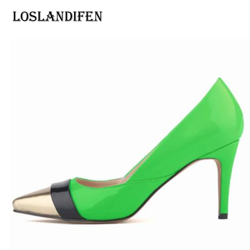 

Loslandifen Women Fashion Sexy Pointed Toe Mixed Color Japanned Leather Party High Heel Shoes Plus Size 35-42 Ladies Pumps