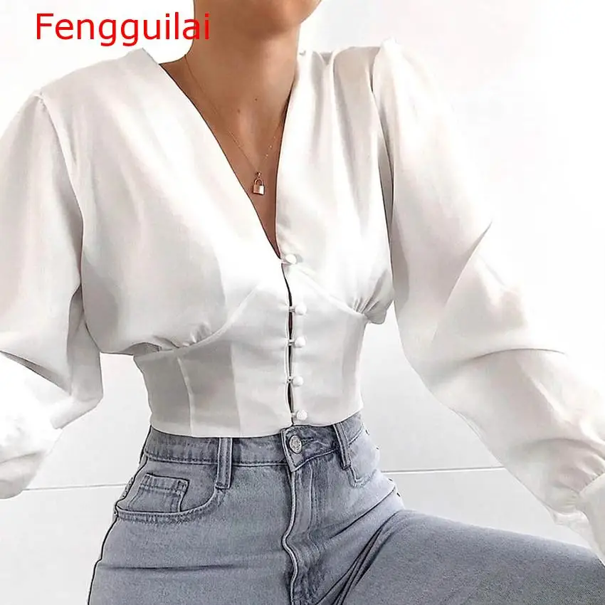 

Fengguilai V-Neck White Crop Top Ladies Office Shirt 2019 Womens Tops And Blouses Long Sleeve Tunic Button Autumn Shirt Blouse W