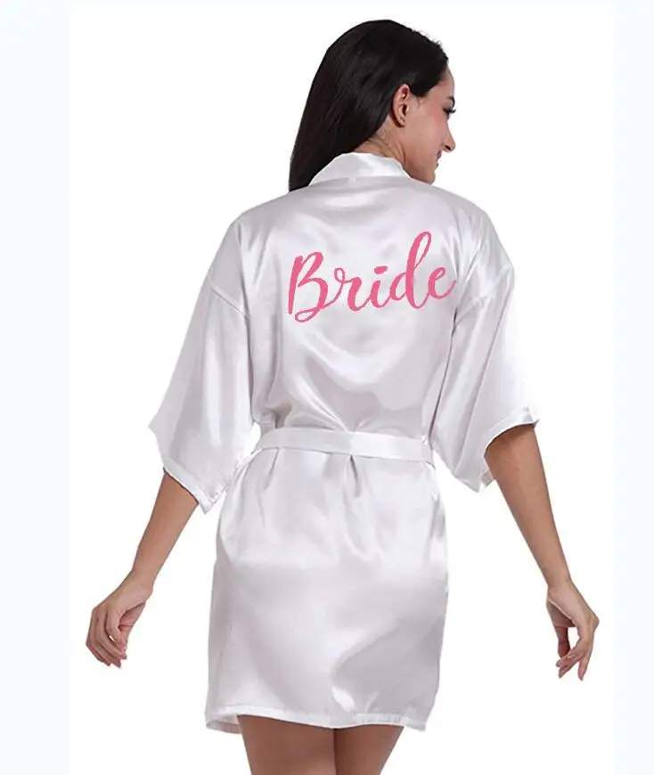 Сексуальный халат цвета шампанского, кимоно невесты, Атласный халат, женский халат, Свадебный халат, халат для мамы, невесты, жениха, невесты - Цвет: White  Bride