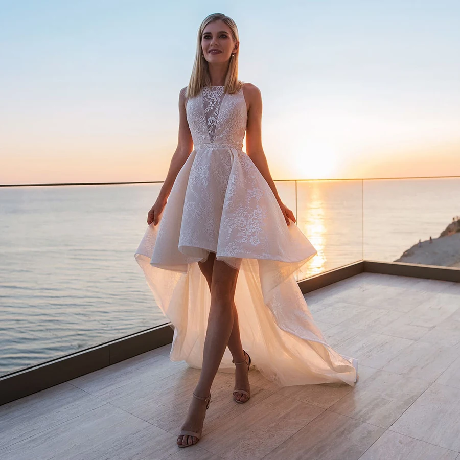 Sexy Halter Backless Wedding Dresses Sleeveless Front Low Back High Lace A-line Dress Vestido De Noiva | Свадьбы и торжества