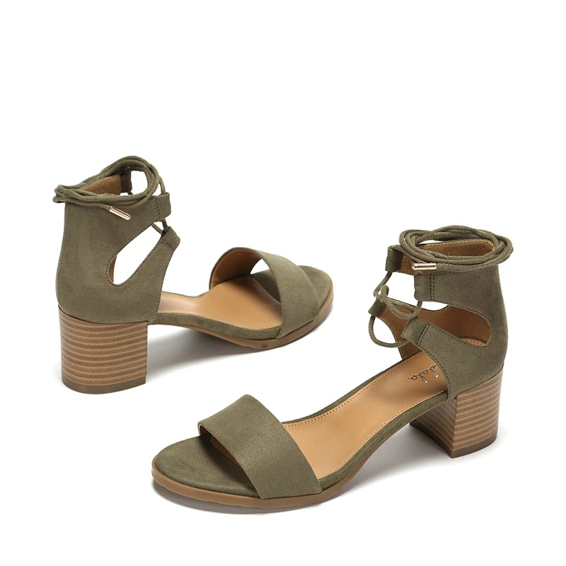 

Summer Suede Strap-on Sandals wood grain Thick Heels Strappy Sandal Skid-proof sole Sandalias Mujer Scarpe Donna green