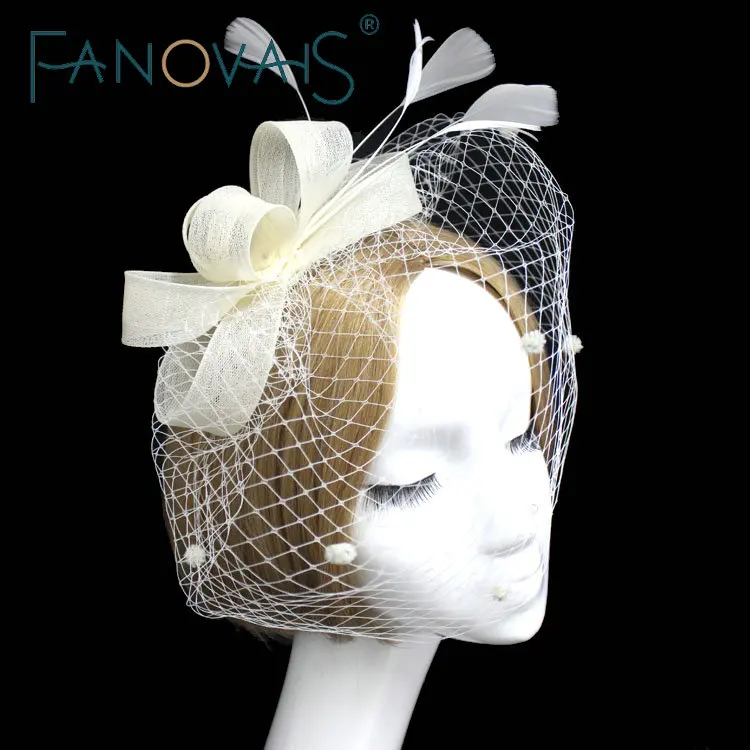 

Cheap Stunning Net White Bird Cage Wedding Veils with hang work Head accessories with feather