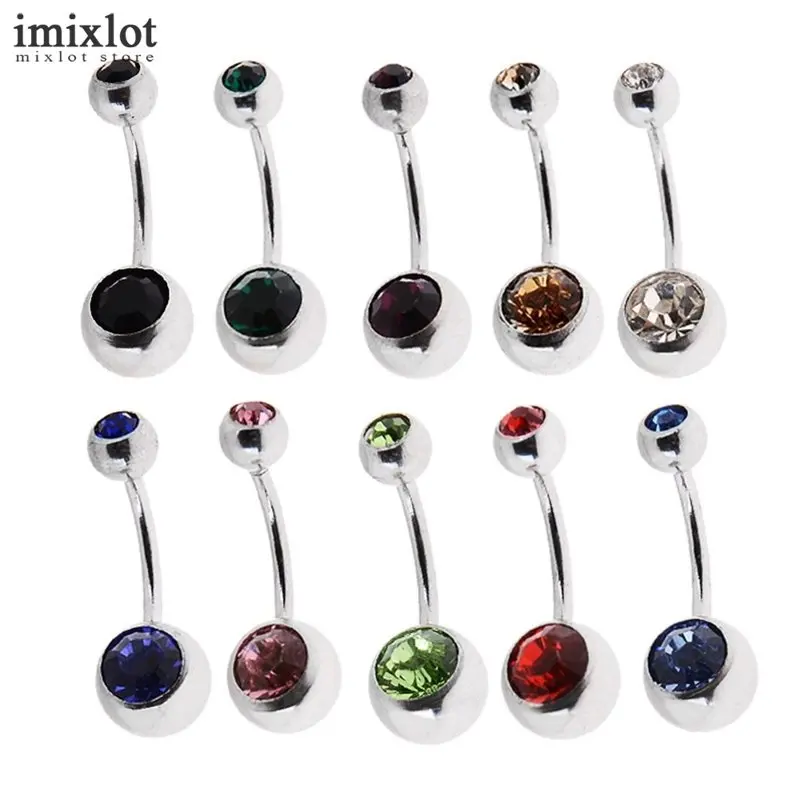 

Imixlot 20pcs/lot Mix Color Double Crystal Surgical Steel Navel Bar Body Jewelry Belly Button Ring Belly Piercing