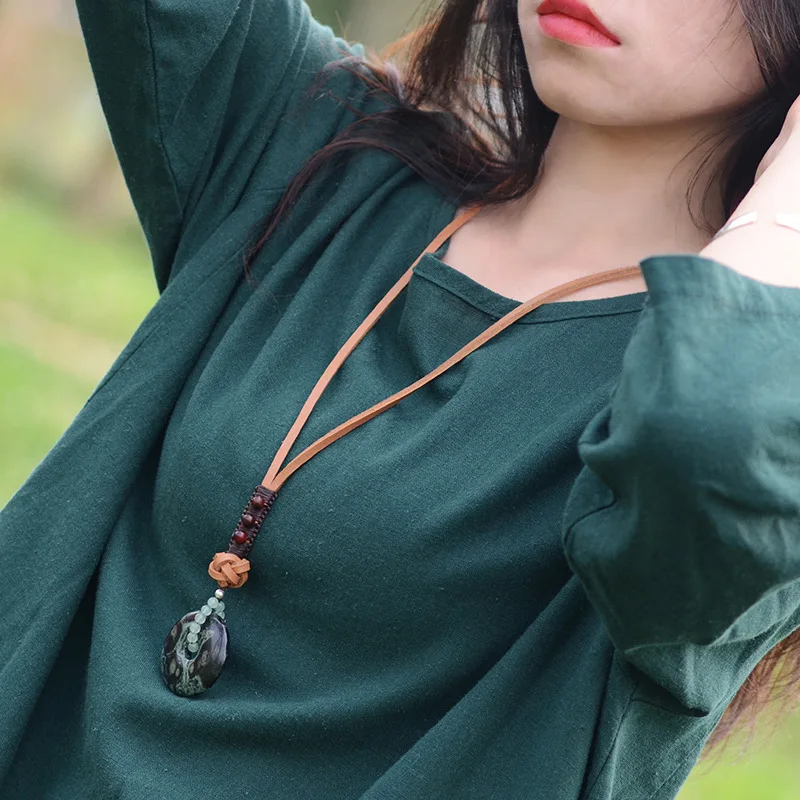 

fashion ethnic jewelry Big Nature Green Eyes Stones necklacetop layer leather vintage necklace , women sweater necklace pendants