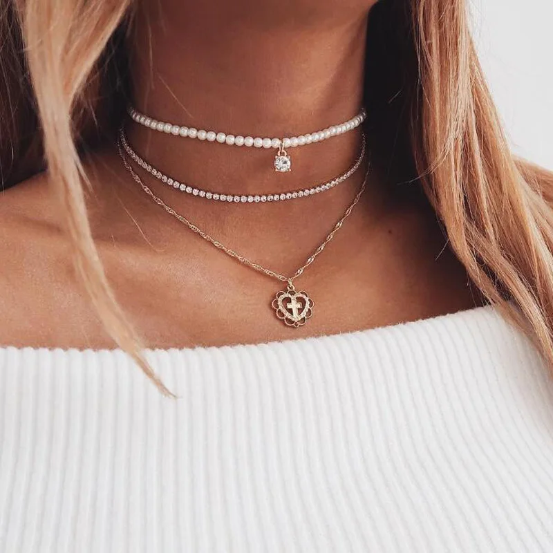 New Fashion Simulated Pearl Necklace Gold Chain Inlay Rhinestone Heart Pendant Clavicle Multilayer Necklaces Female Choker | Украшения и