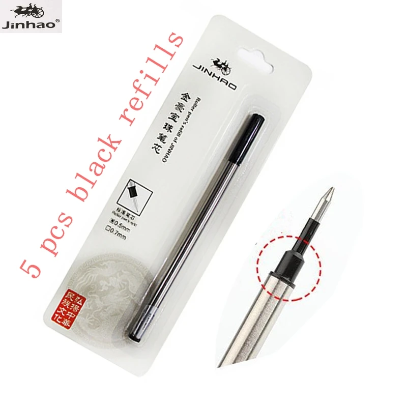 JINHAO 750 бренд 15 цветов металлический круглый ролик ручка для школы офиса Канцтовары классические шариковые ручки для Рождественский подарок - Цвет: 5pcs black refill