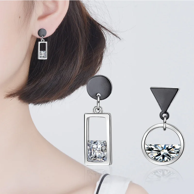 

925 Sterling Silver Earrings Spring Water Zircon Gun Black Color Circle Square Asymmetric Tassel Earrings