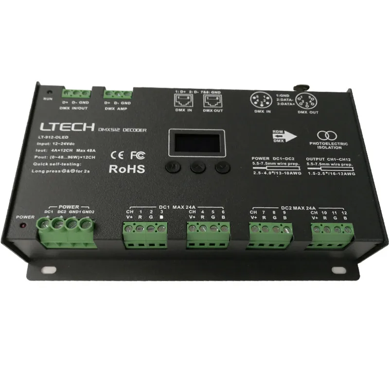 LT-912-O светодиодный DMX512 Декодер контроллер; DC12-24V вход; 4A* 12CH 12 канальный выход RGB/RGBW светодиодный контроллер полосы XLR-3/RJ45