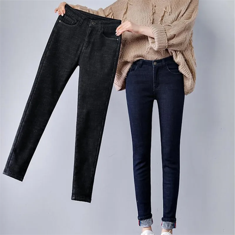 Для женщин Strech сексуальные джинсы женские Высокая Талия высокой упругой плюс Размеры утолщаются бархатной подкладке из стираного денима