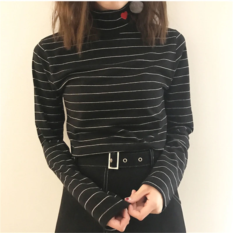  Sping Style Fashion Women Striped Harajuku Candy Colors Hearts T Shirt Kawaii Cotton Turtleneck Cas