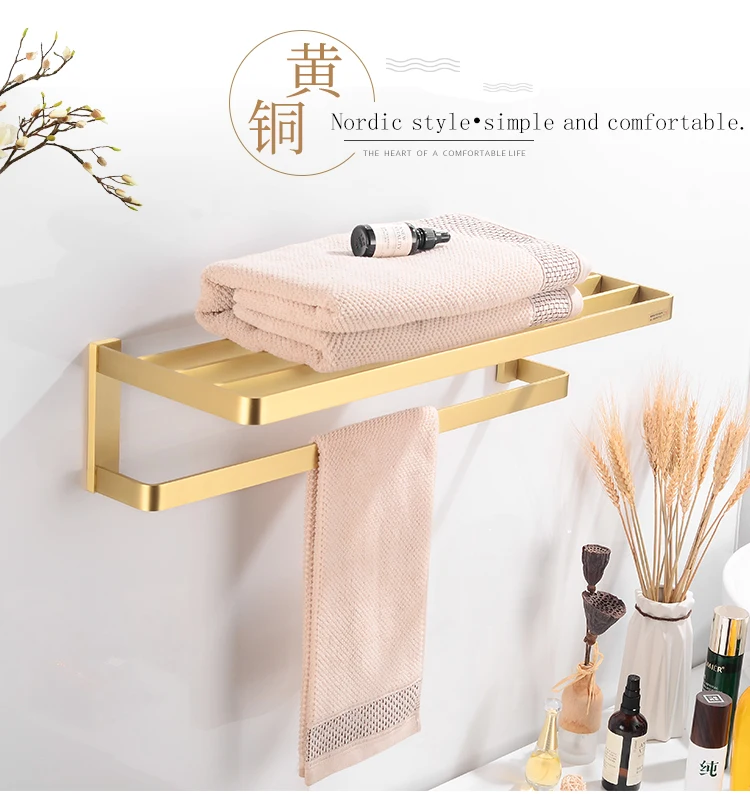 Bathroom Towel Holder Gold Brass Towel Rack Hanging Holder Wall Mounted Towel Bar Robe Hooks Toilet Paper Holder Bathroom Shelf