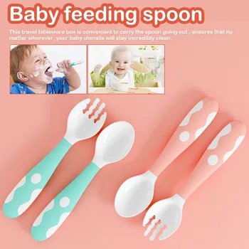 

2Pcs Baby Utensil Bendable Spoon Fork Set Toddler Babies Feeding Training Tableware Easy Grip Heat-Resistant