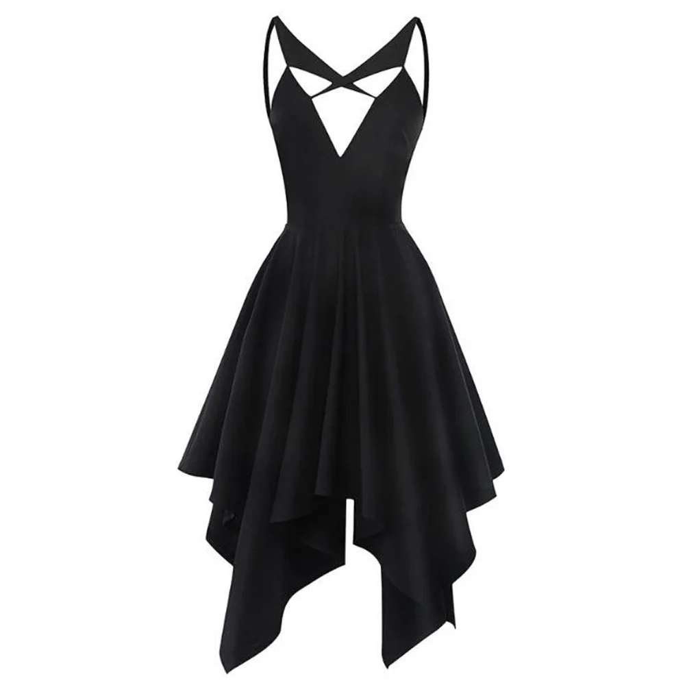 

2019 Summer Women Gothic Punk Dress Irregular Hem Hollow Out Short Retro Vintage Rock Style Female Sexy Black Dresses Vestidos