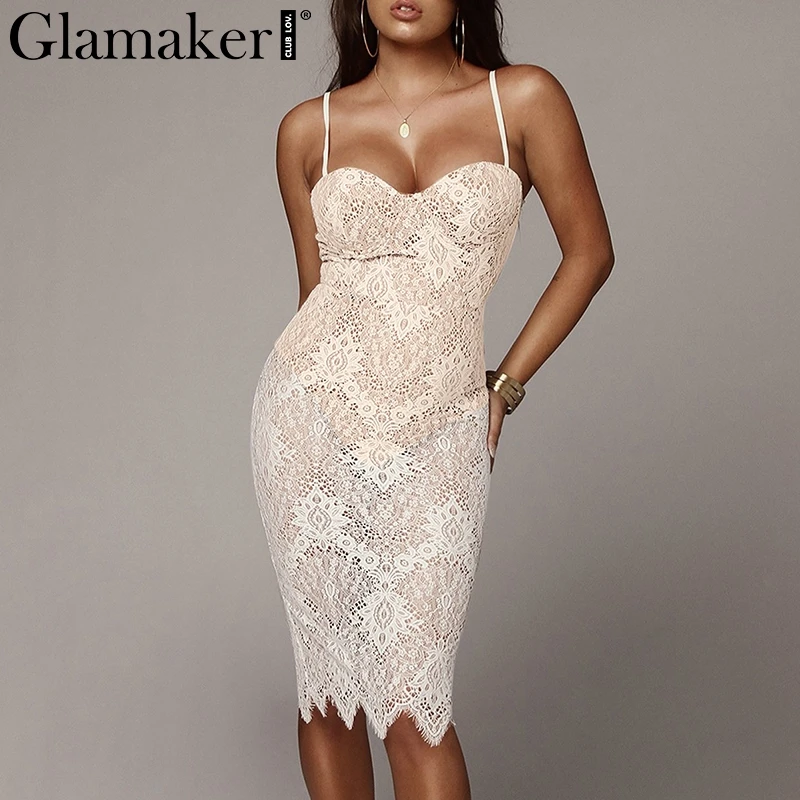Online Glamaker negro que hace punto el vestido sexy de encaje para mujer ceñido al cuerpo transparente vestido midi elegante verano casual Fiesta club vestido femenino
