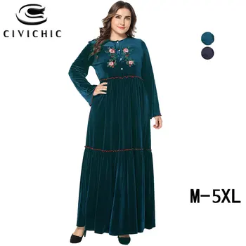 

CIIV CHIC Plus Size Women Swing Gown Autumn Buttons Robe Ethnic Floral Embroidery Maxi Dress Velvet Winter Retro Vestidos DRS387