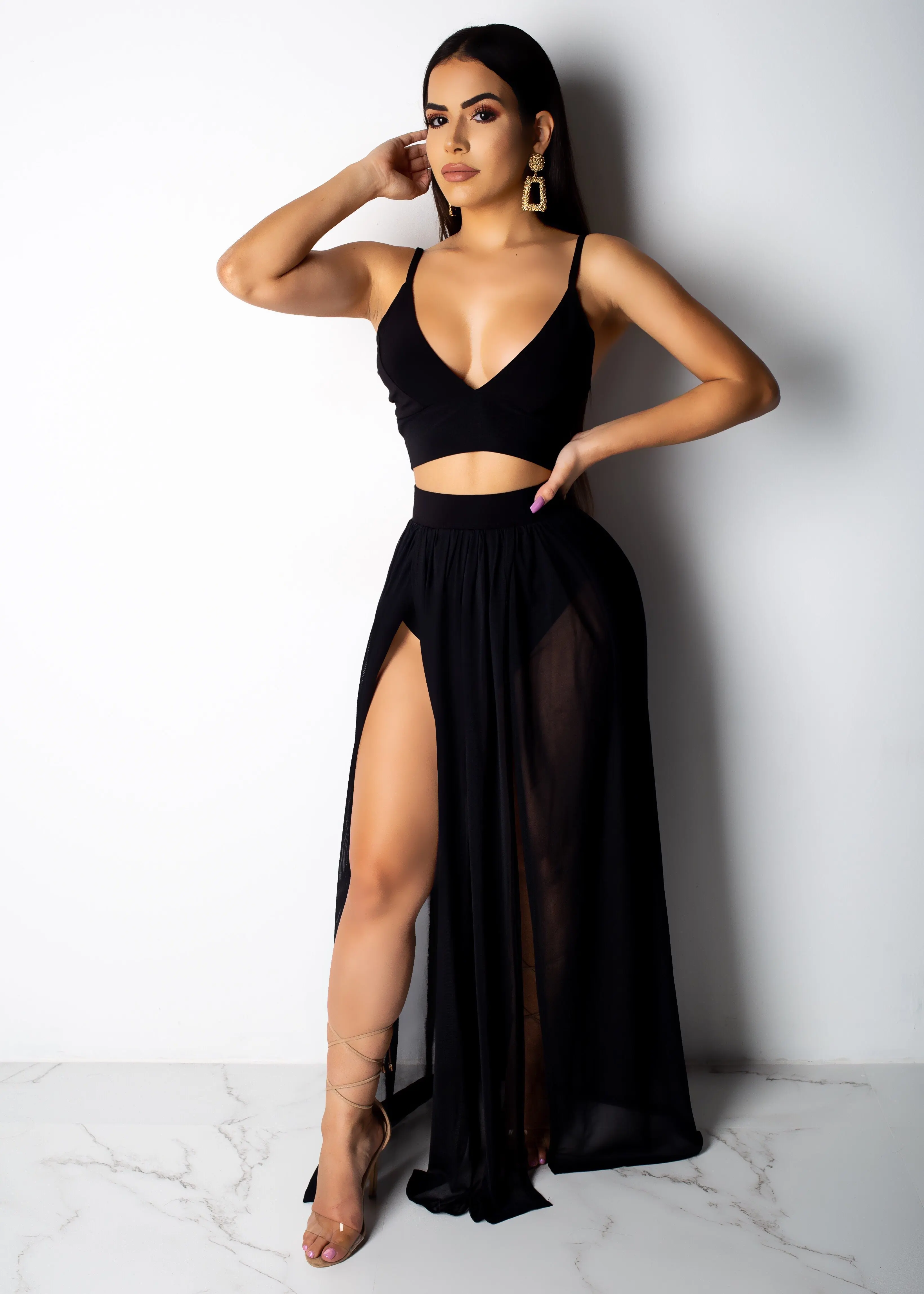 RT Sexy Women Set Two Pieces Spaghetti Strap Top Long Slit Skirt Summer  Chiffon 2 Pieces Set Outfit Solid Pattern Outdoor Wear