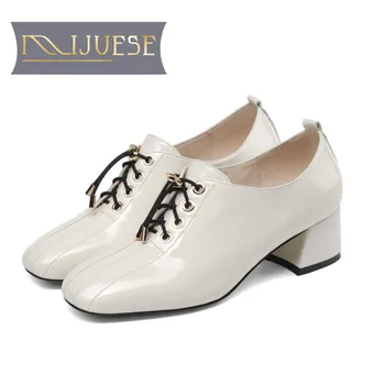 

MLJUESE 2019 women pumps autumn spring Cow leather lace up beige color square toe low heels lady shoes party wedding size 34-42