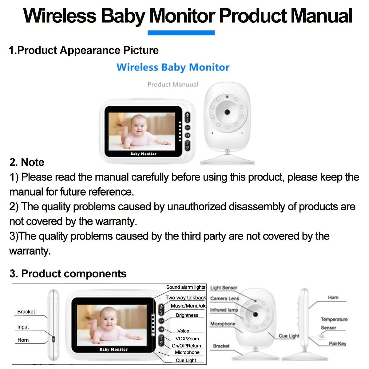  Two-way intercom Wireless Video Color Baby Monitor 4.3 inch Night Vision Temperature Monitoring Bab