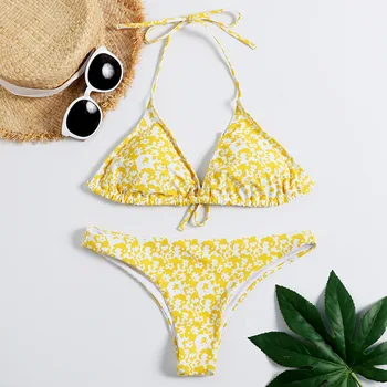 

Bikini 2019 Swimwear Women Swimsuit Yellow Floral Print Maillot De Bain Femme Bathing Suit Women Bikini Push Up Girl Beach Wear