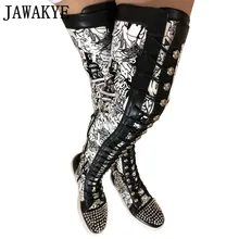 Сапоги до колена с шипами и заклепками, с круглым носком; ботинки с кристаллами и пуговицами; повседневная обувь на плоской подошве из натуральной кожи с цветочным принтом на молнии