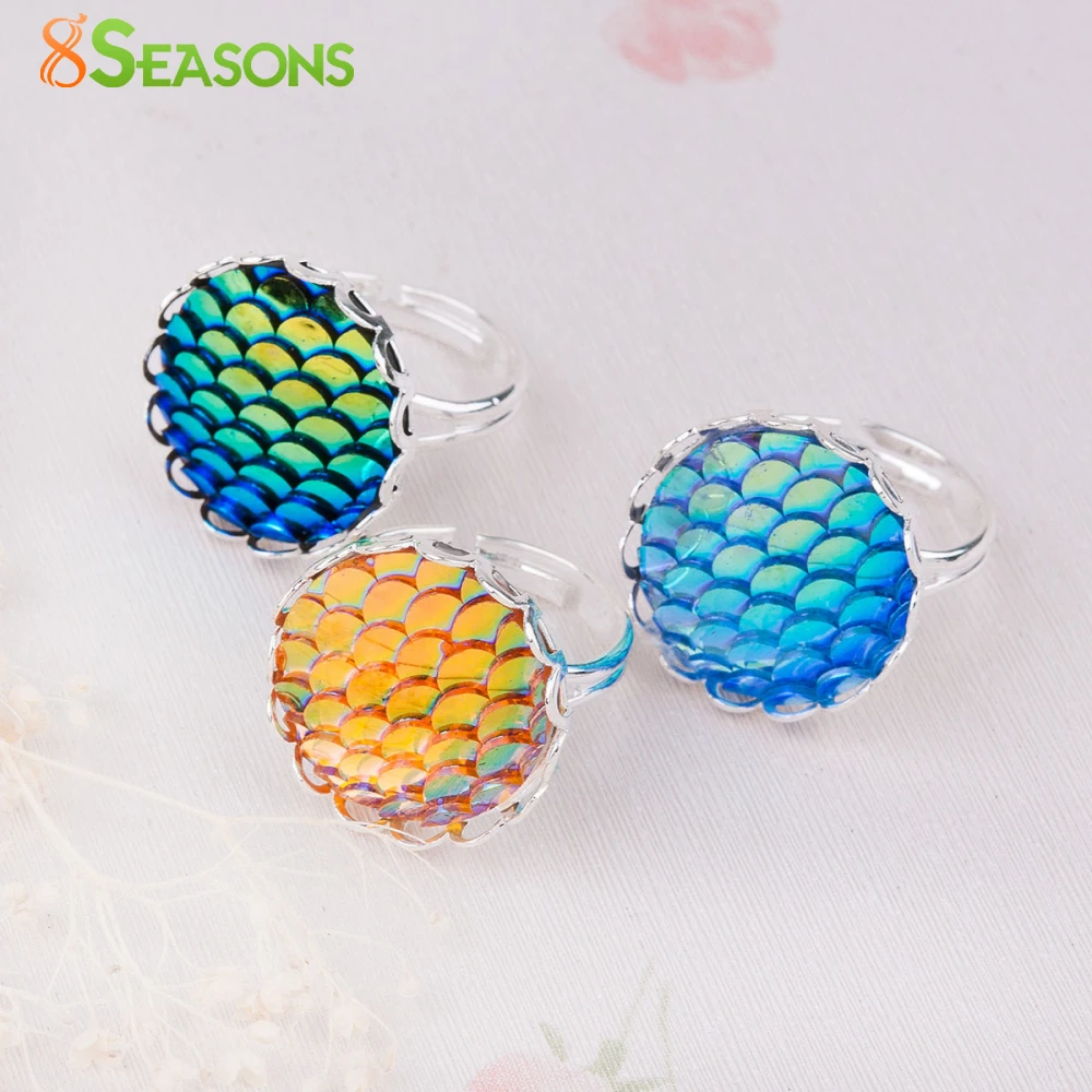 

8SEASONS Handmade drusy Adjustable Mermaid Fish /Dragon Scale Rings silver-color Round 16.7mm(US size 6.25), 1 Piece