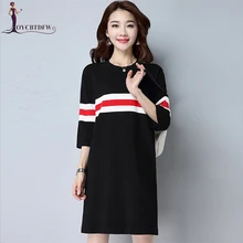 Весна женская футболка Мода Большой размер Женская футболка свободного кроя средней длины Вязание с круглым вырезом в полоску Женская футболка ll957