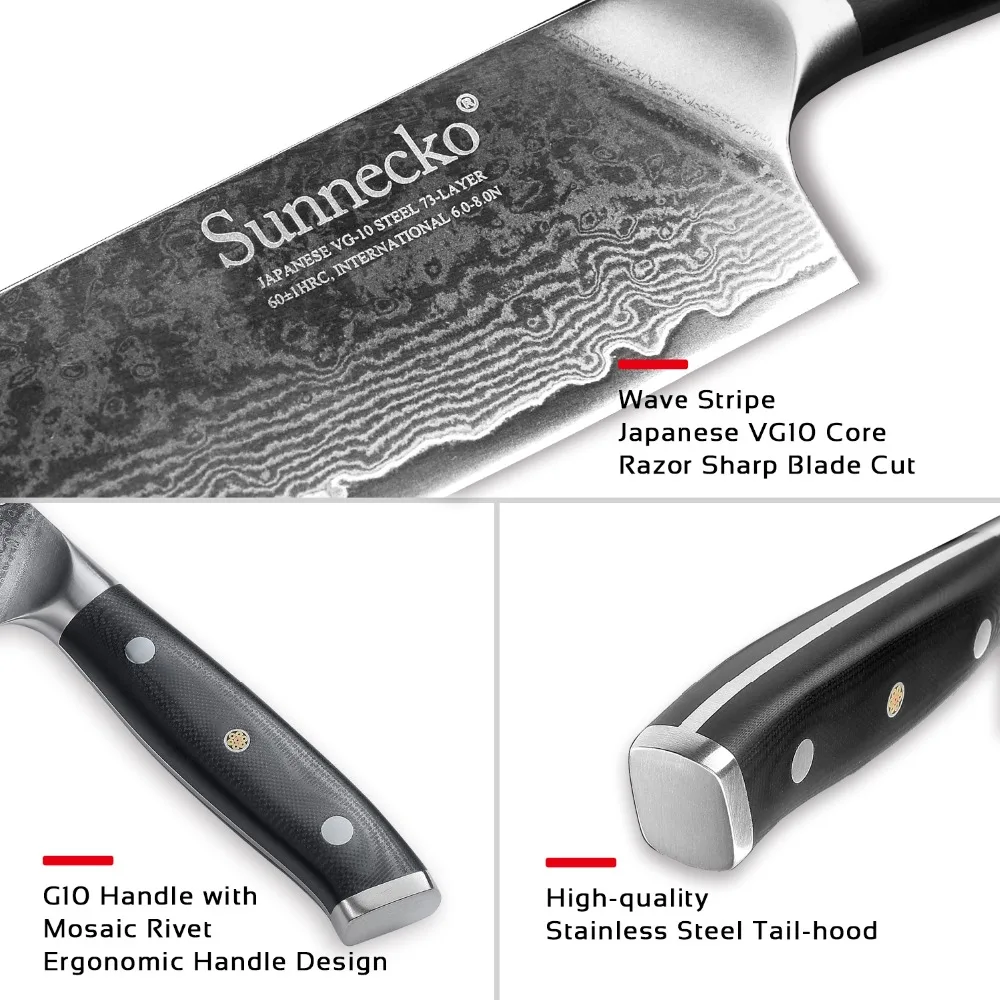 SUNNECKO 2 шт. нож из дамасской стали комплект Santoku универсальный нож для очистки овощей японский VG10 Core Шлифовальный G10 ручка шеф-повара нарезки лосося повара ножи