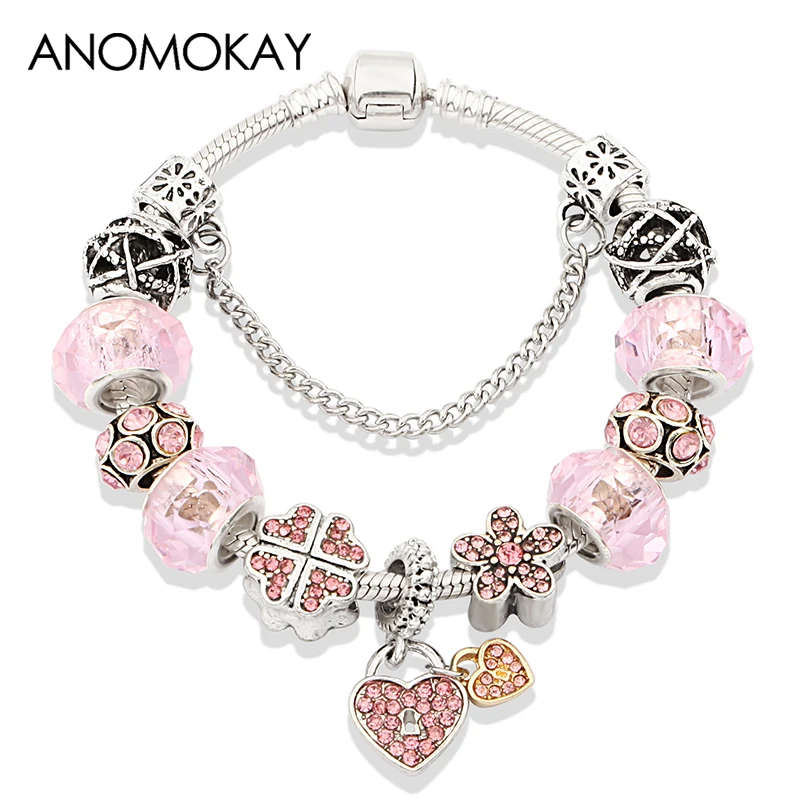 

Romantic Pink Crystal Flower Silver Charm Pan Bracelet & Bangle Diy Heart Bead Bracelets for Women Girl Fashion Jewelry Gift