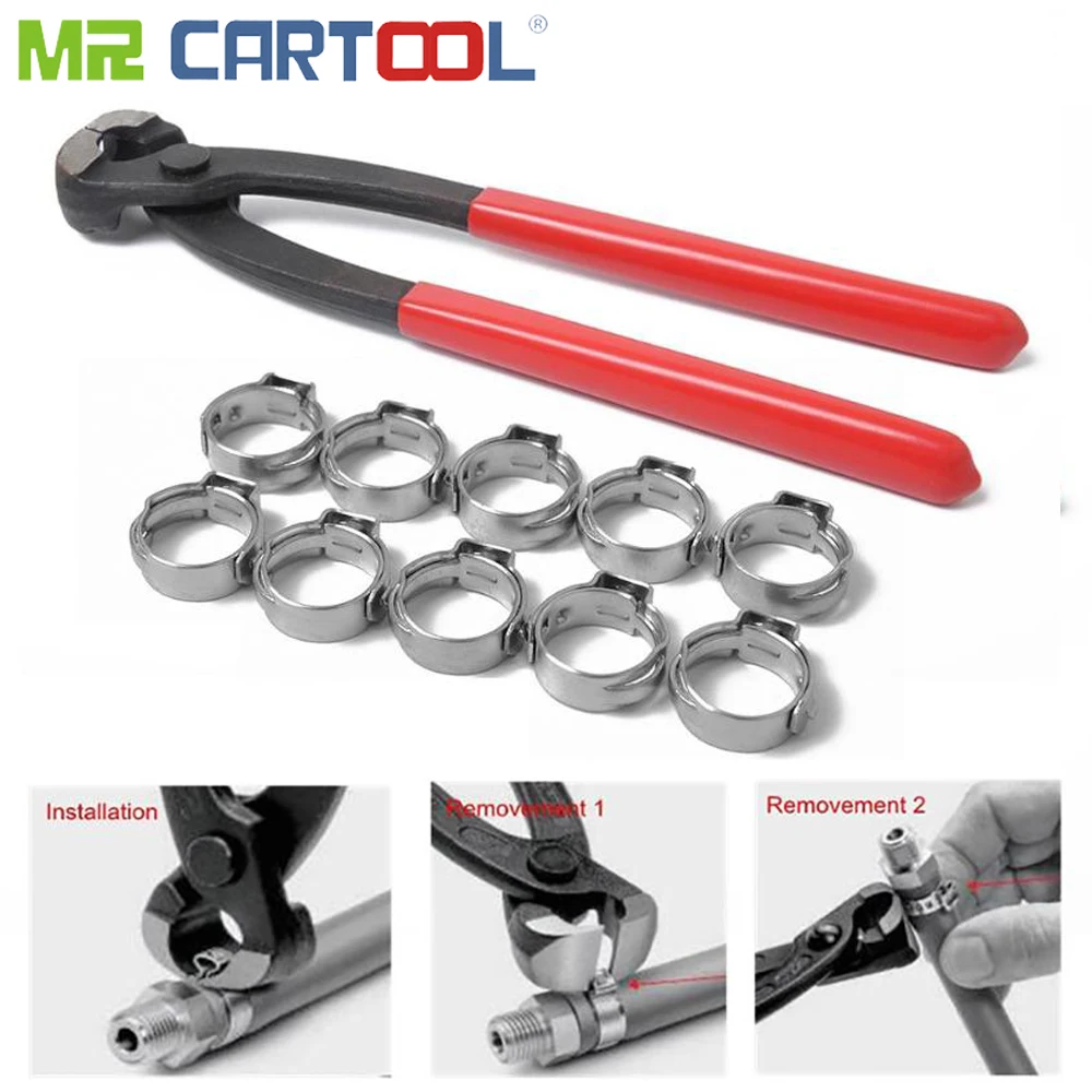 

MR CARTOOL PEX Cinch Crimper Crimping Tool with 10pcs 8.8-10.5mm Single Ear Stainless Steel Hose Clamps Tire Repair Tools