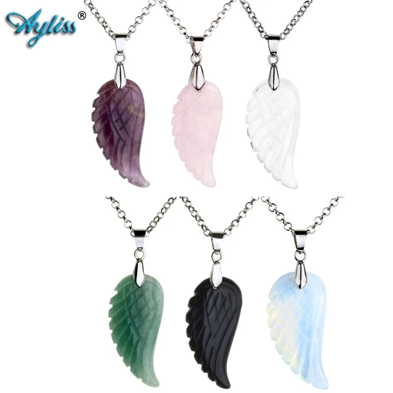 

Ayliss Hot Wholesale Angel Wings Natural Pink/Purple/Tiger Eye/Obsidian Gem Stone Bead Pendant Necklace Jewelry 6pcs/12pcs