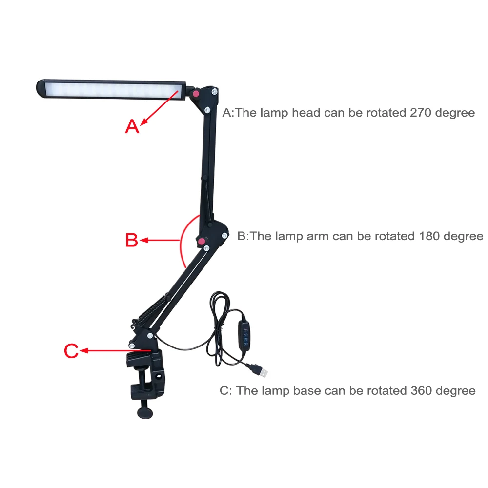 Настольная лампа с длинными ручками, 3 режима цвета, 9 режимов яркости, Регулируемый складной светодиодный светильник, Настольный светильник, USB светильник