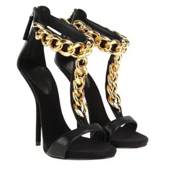 

sexy lady black leather T strap gold chain woman high heel sandal gold chains open toe high heel T strap sandal woman summer