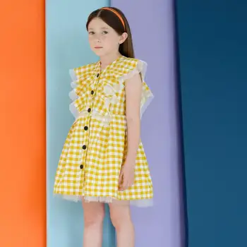 

Baby Girls dress 2019 summer princess plaid dress lace patchwork hit color button dress for children kids clothes 1-8Y Y458
