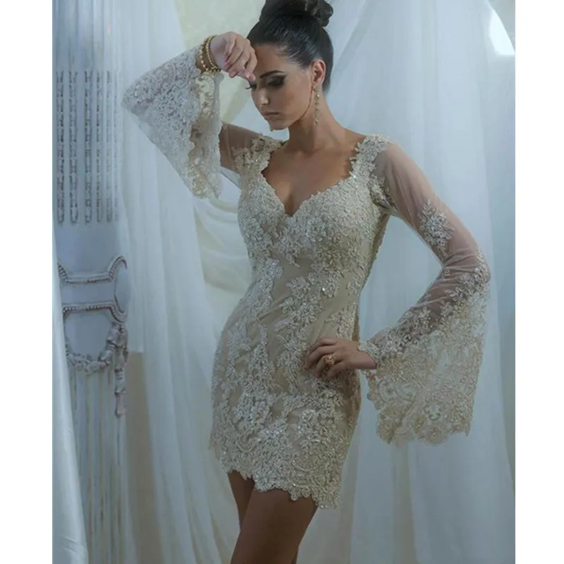 

Elegantes Lace Appliques Short Evening Dresses 2019 Sexy V-Neck Long Sleeve Formal Party Gowns Robe De Soiree Courte