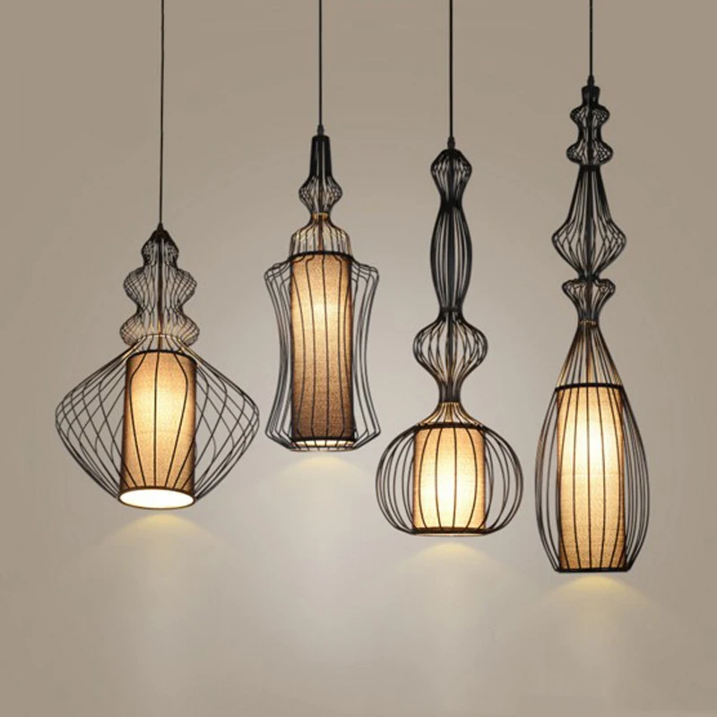 Contemporary Wrought Iron Bibet Pendant Light Black Iron Cage Hanging Fabric Shade Pendant Lamp Indoor Lighting Fixture Restaurant Dining Room (28)