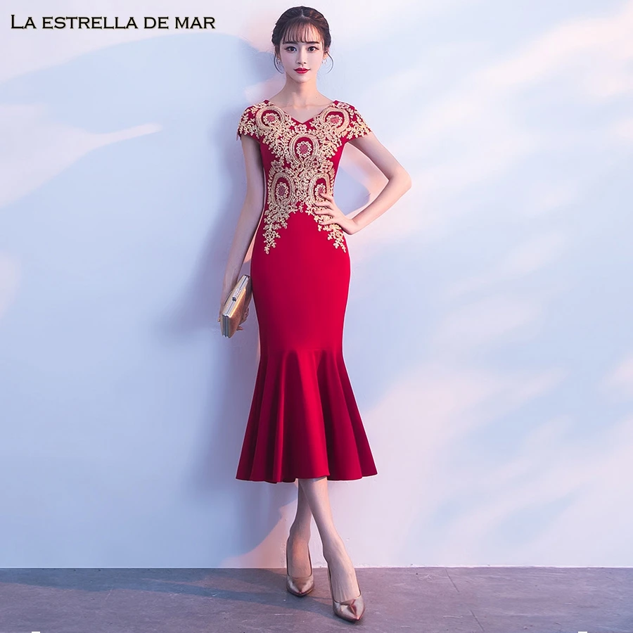 

Robe demoiselle d'honneur pour femme New sexy neck lace satin short sleeve sexy mermaid gold burgundy bridesmaid dresses Tea Len