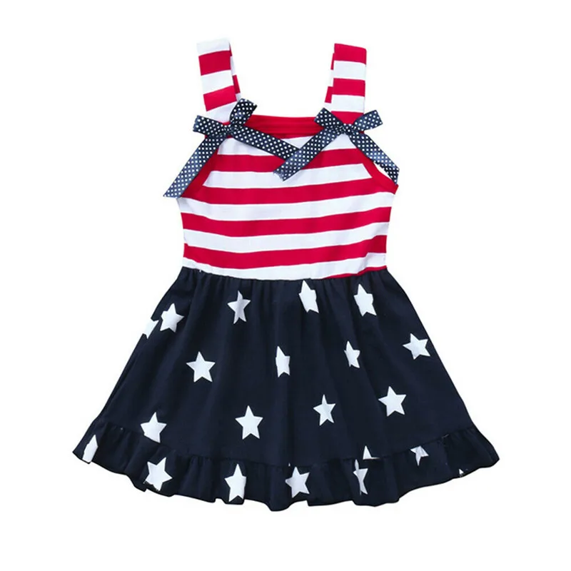 

Kids Baby Girl Dress Flag Stars Striped Patchwork Swing Sundress 4th of July Clothes Sleeveless Sling Bow Girl Dress 18M-6Y