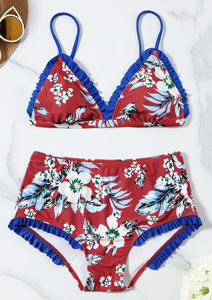 High Waisted Swimsuit Girl Triangle Top Floral Red Bikini Sets Women Boy Shorts Swimwear Push Up Female Swimming Suit Bathsuit (2)