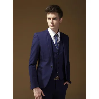 

017 New Fashion costume homme Made Blue Tuxedo Slim Fit Men's Suits Handsome wedding groom Men Suit 3 Pieces(Coat+Pant+Vest)