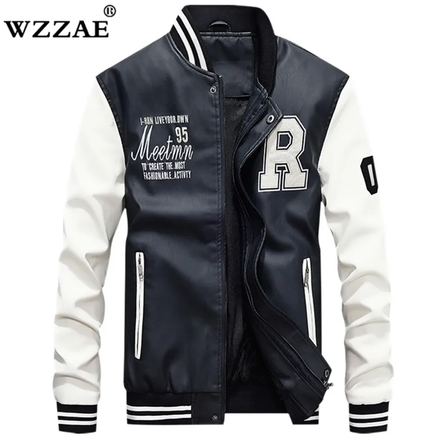 Leather Jacket Men Casual Fleece Thicken Faux Leather Coats College Basebal Moto Biker Bomber Jackets jaqueta de couro masculino