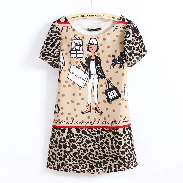2015 Fashion Women Clothing Girl Leopard Printed Chiffon Straight Casual Dress Short Sleeve Mini Dresses | Женская одежда