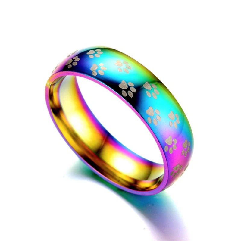 Мода Радуга 6 мм красочные кольца из нержавеющей стали милые собака и кошка кольцо в виде лапы для женщин мужчин красивое ювелирное обручальное кольцо