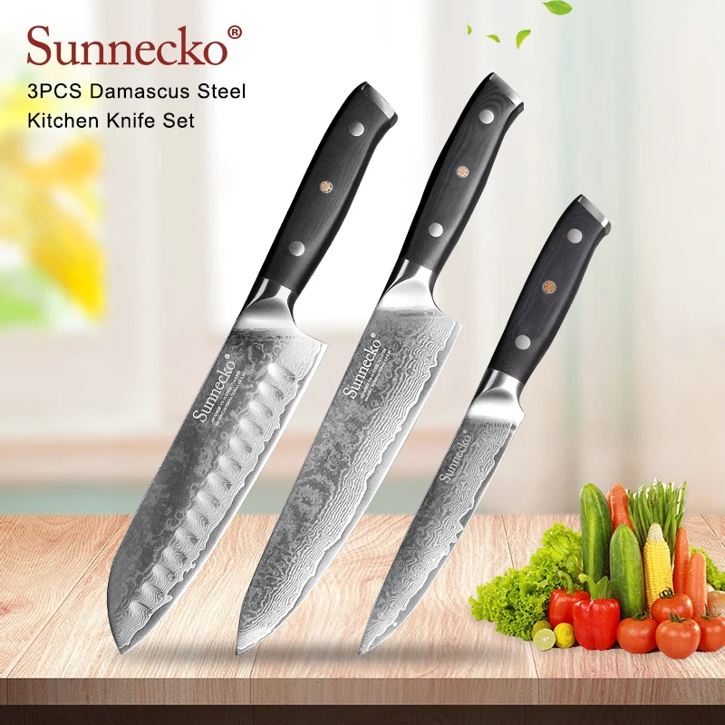 

SUNNECKO 3PCS Kitchen Knives Set Chef Knife Damascus Japanese VG10 Steel Blade G10 Handle Sharp Santoku Utility Cutting Knives