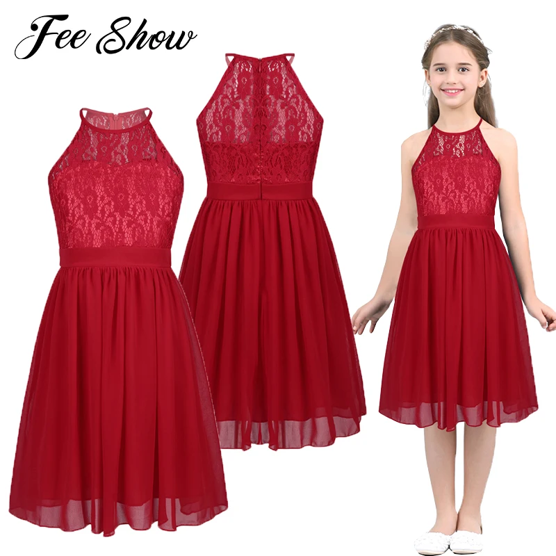 Детское кружевное шифоновое платье с лямкой на шее для девочек; платье принцессы с цветочным узором для девочек; Пышное летнее платье для свадьбы, подружки невесты, дня рождения, вечеринки